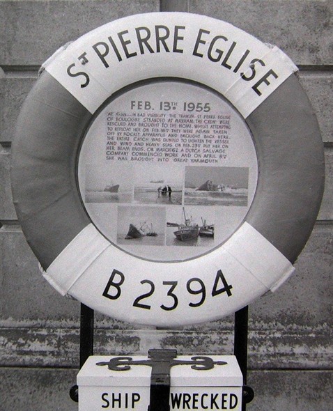 Photo:Lifebelt from St Pierre Eglise, with information plaque, which stood outside the Shipwrecked Sailors Home