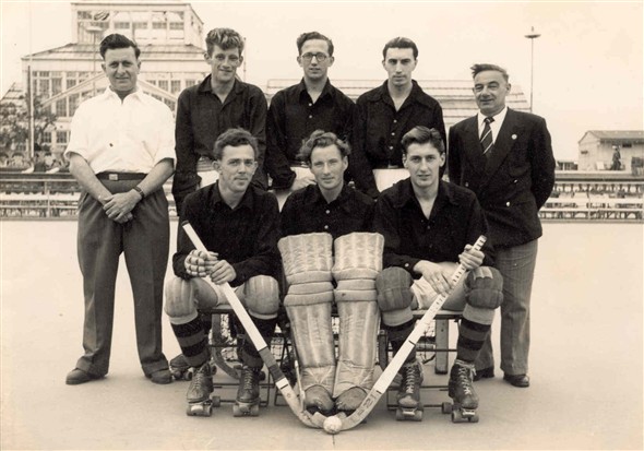 Photo:Members of the Comets Roller Hockey team, 1957: Front row left - right, F. Brown, P. Parker, T. Taylor (Capt)Back row, second from left F. Burnett, 3rd F. Yaxley.