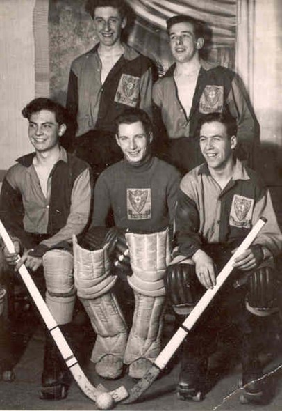 Photo:Members of the Comets Roller Hockey team, 1957