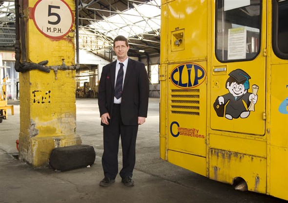 Photo:Portrait of Phil Stafford, bus driver for First Buses, in the bus depot