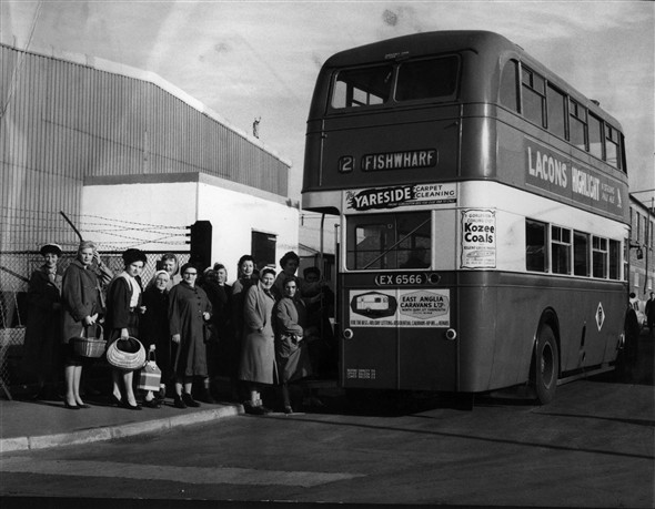 Photo:Photograph of a Great Yarmouth Corporation bus parked on Beevor Road, Great Yarmouth. This is outside of Birds Eye Foods at the riverside end of Beevor Road before this section was fenced off and became part of the factory site. It would have been possibly in the late 1950's or early 1960's. Maybe some of the Birds Eye ladies will recognise themselves or their colleagues.