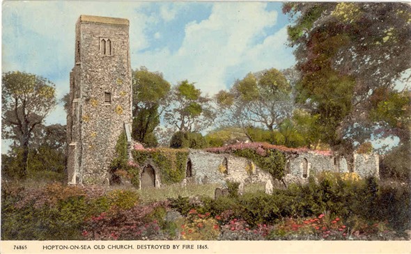 Photo:Postcard of Hopton Old Church, destroyed by fire 1865