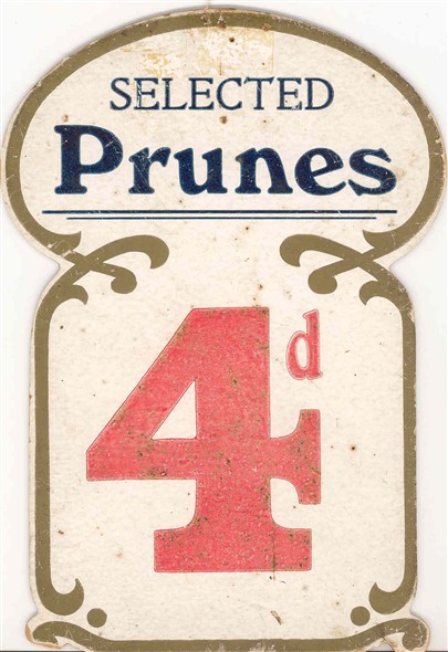 Photo:Price label for prunes from the Star Supply Stores