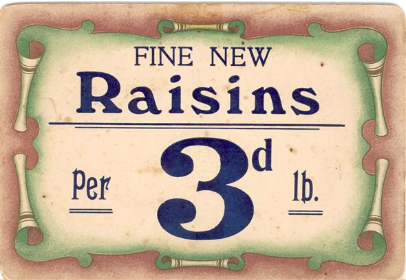 Photo:Price label for raisins from the Star Supply Stores