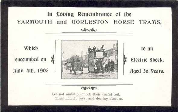 Photo:Postcard bemoaning the demise of the horse-drawn tram