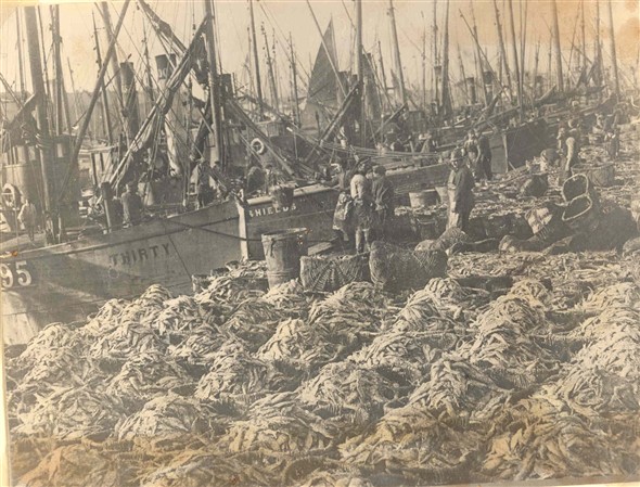 Photo:Cran baskets filled with herring on the Quayside