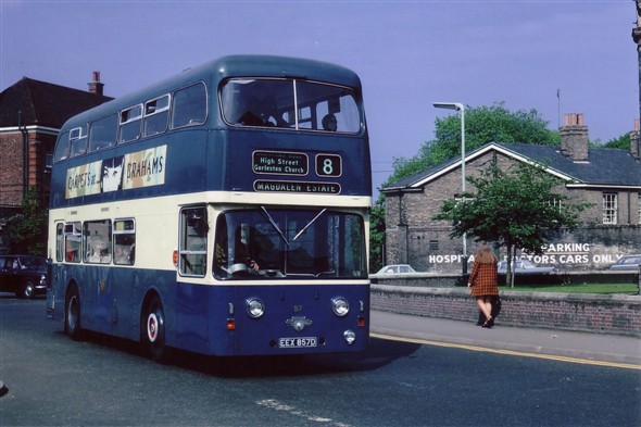 Photo:No 57 (EEX 857D) one of the 1966 Leyland Atlanteans which conveyed me to and from school during the early 1970s, seen here on Alexandra Road en route to Gorleston